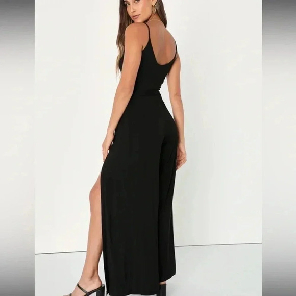 BY&BY BLACK JUMPSUIT SPLIT OPEN LEG SPAGHETTI STRAP SUMMER WIDE LEG NWT SIZE 9 - Picture 3 of 16